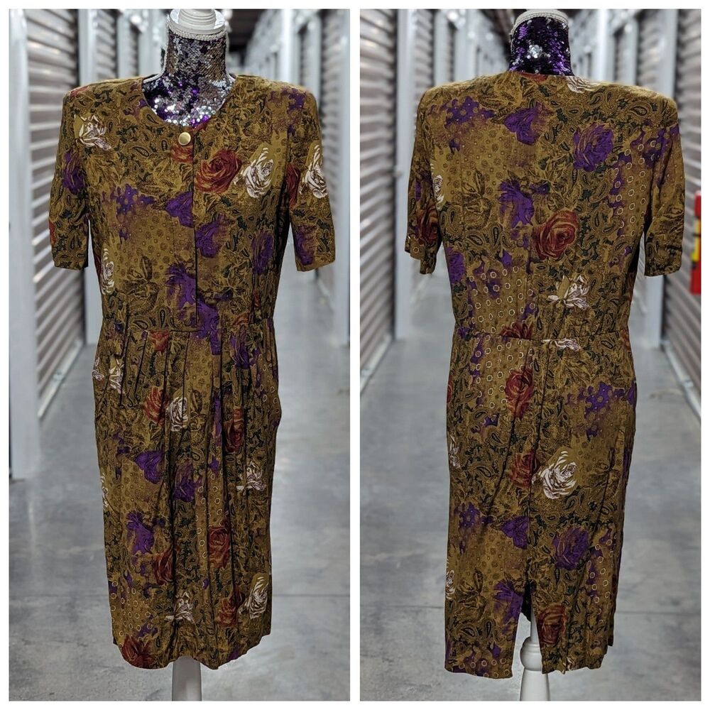 Vintage 90s Cottagecore Floral Midi Dress Earth Tone Pockets USA Scarlett 13